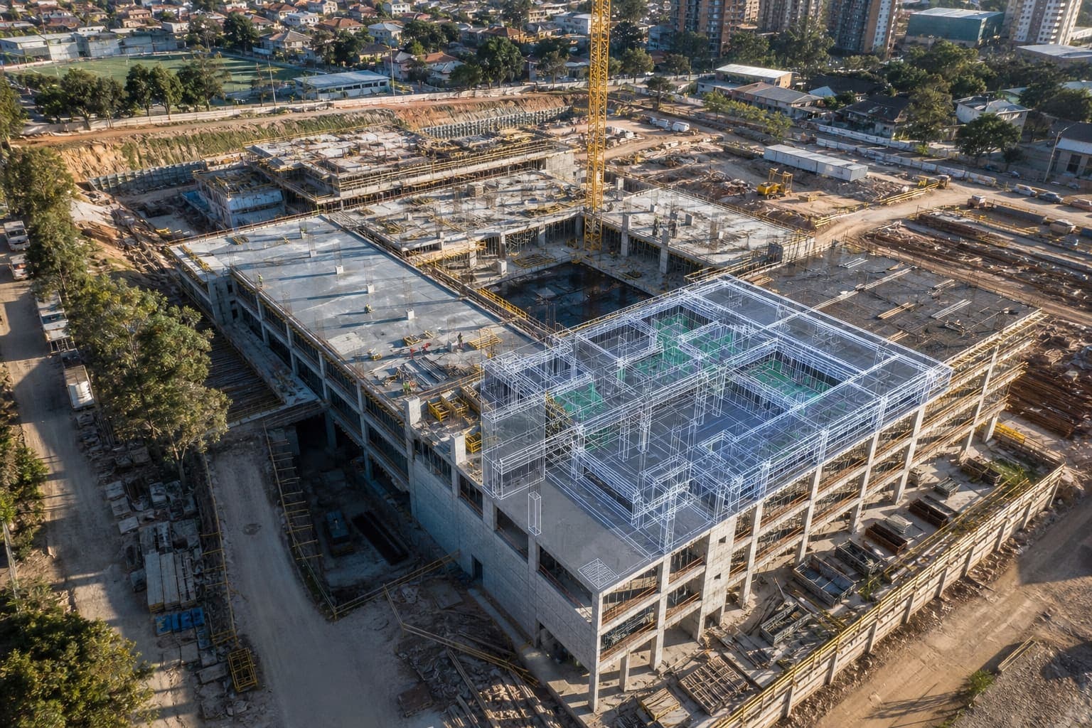 Drone com IA sobrevoando obra para levantamento, estoque e comparação com BIM