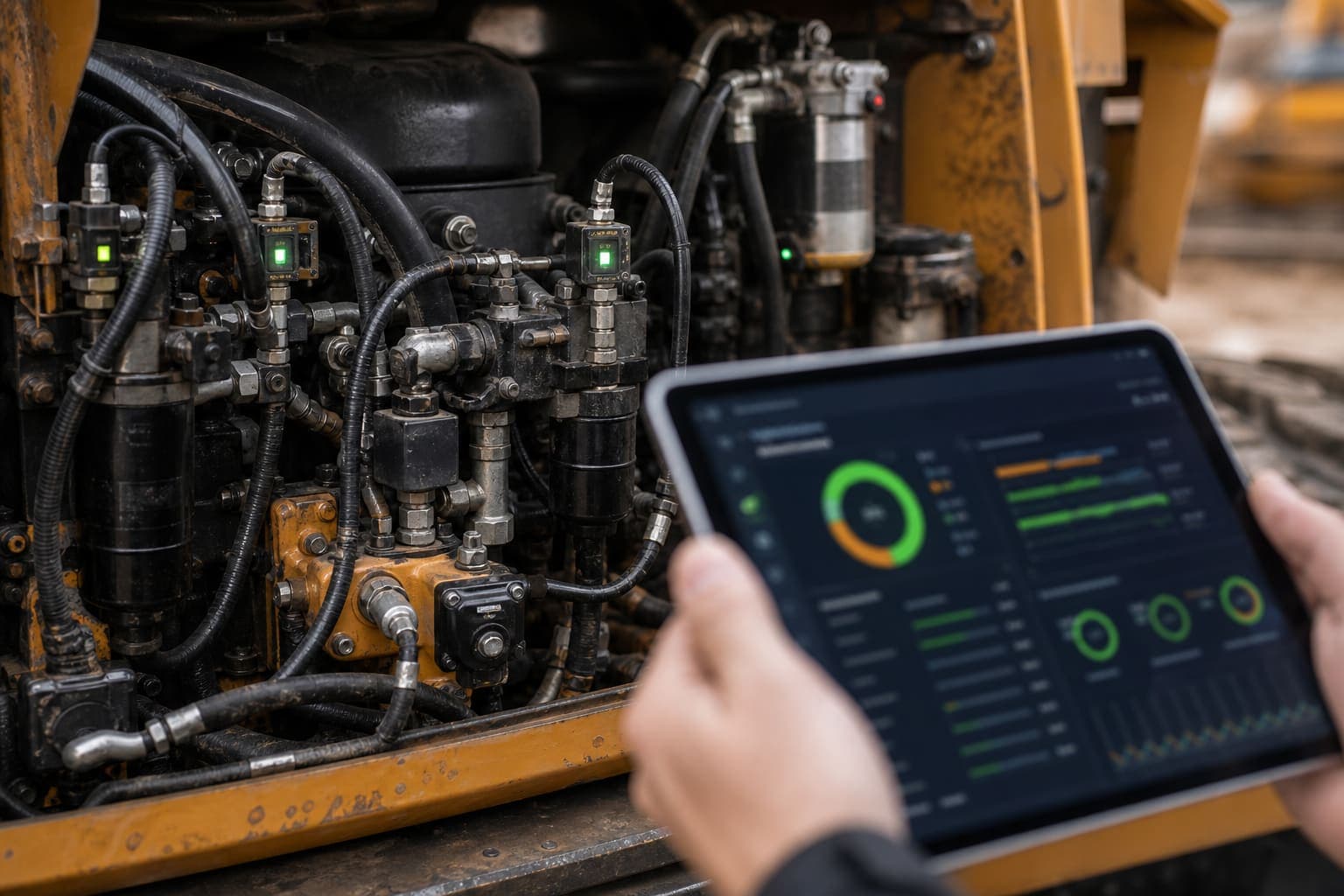 Sensores IoT e painel de manutenção preditiva em equipamento de construção