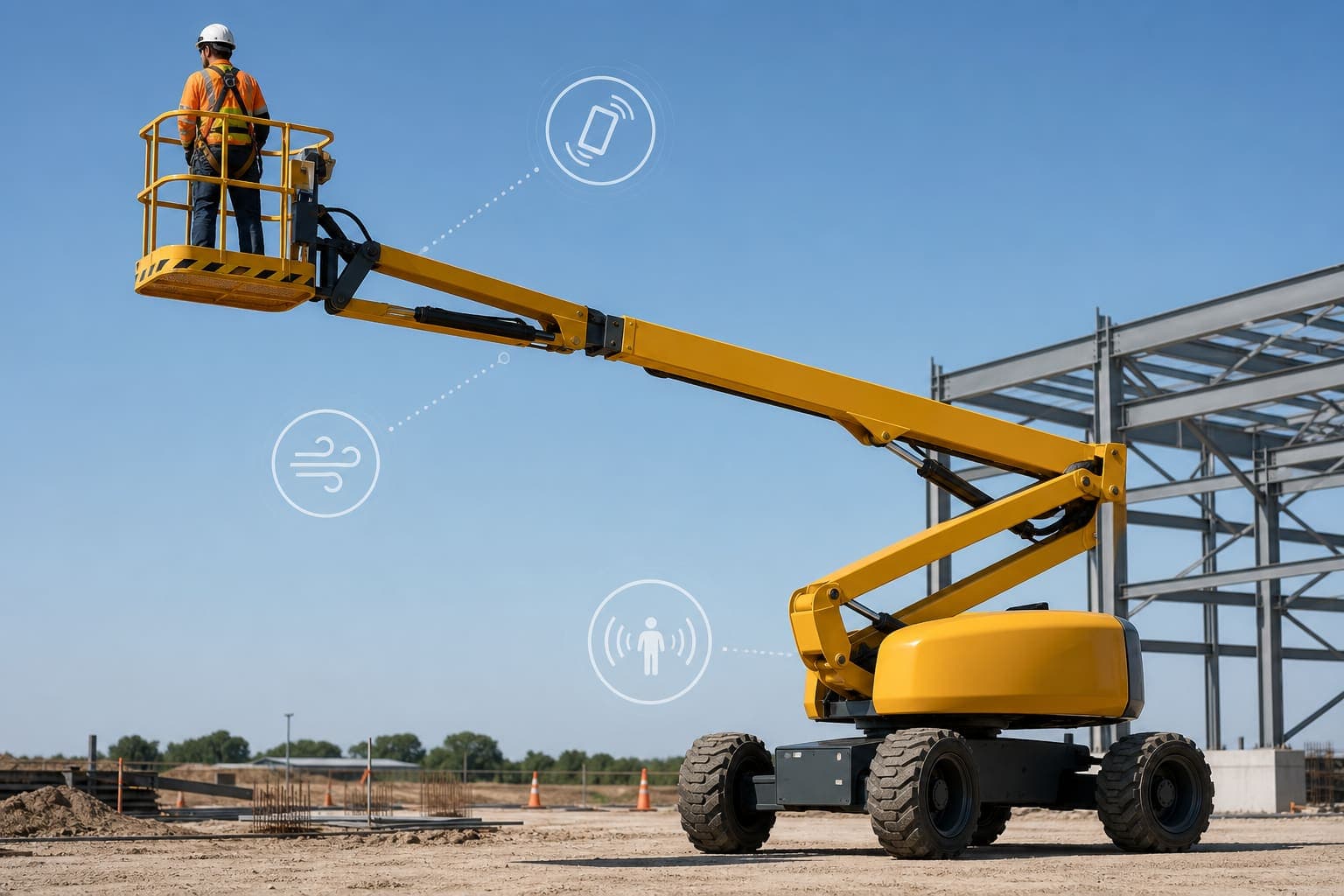 Plataforma elevatória com sensores de inclinação, vento, carga e proximidade