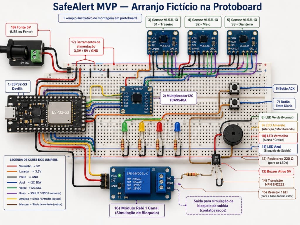 Arranjo SafeAlert MVP na protoboard com ESP32, mux I2C e três VL53L1X